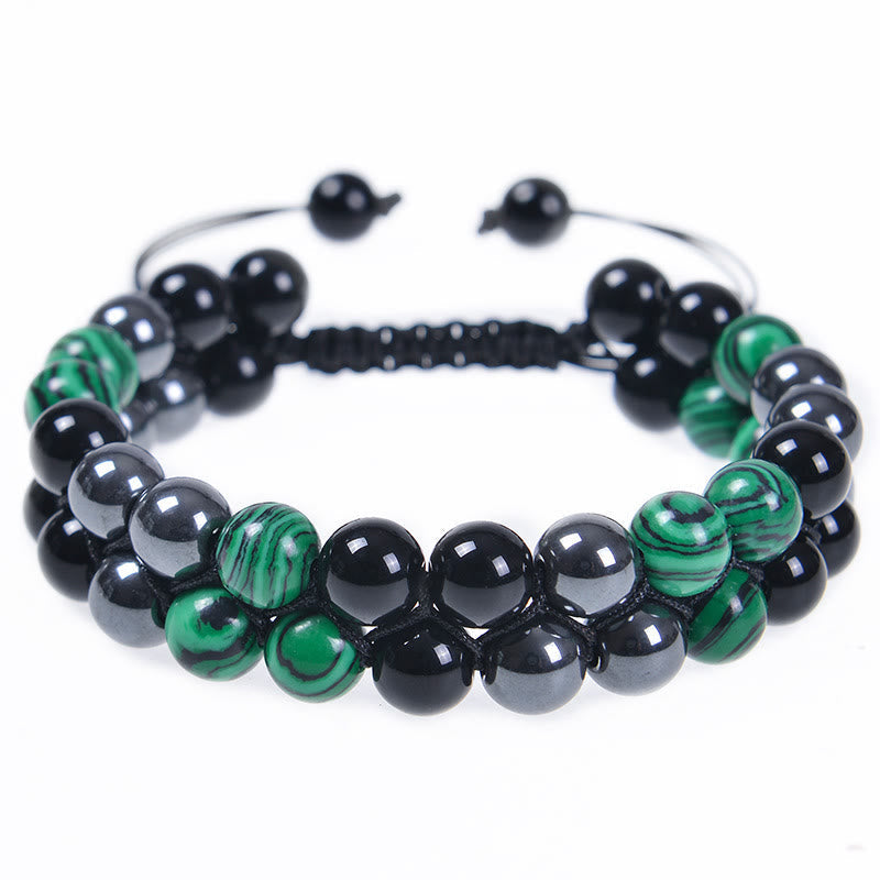 8mm Malachite Bracelet with Black Obsidian and Magnetite Beads