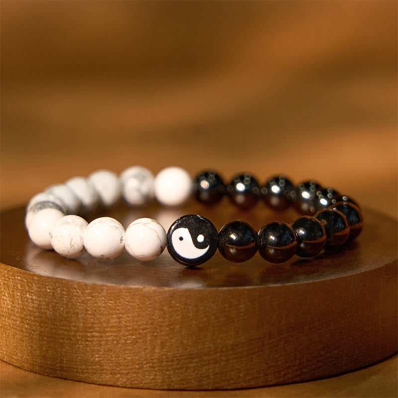 8mm Obsidian White Turquoise Yin Yang Bracelet for Balance