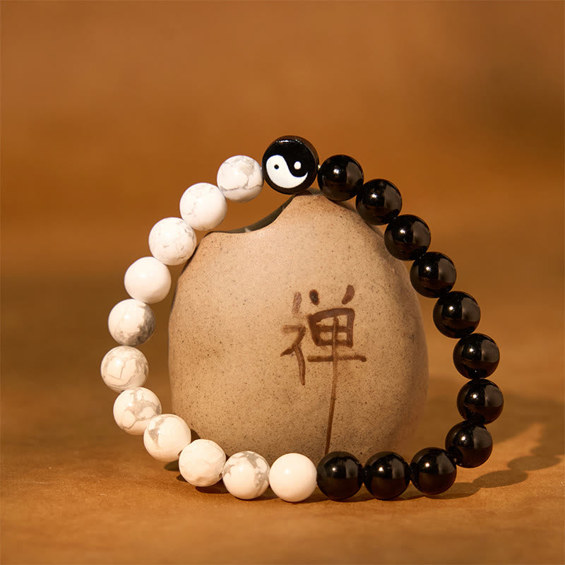 8mm Obsidian White Turquoise Yin Yang Bracelet for Balance