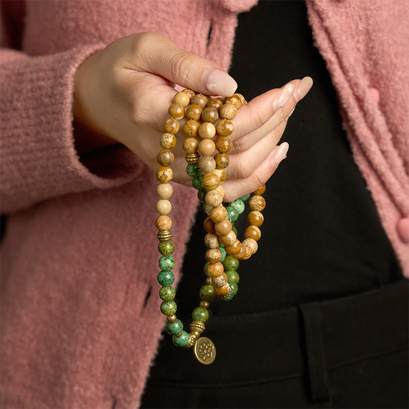 8mm Picture Jasper Turquoise Lotus Bracelet for Positivity & Growth