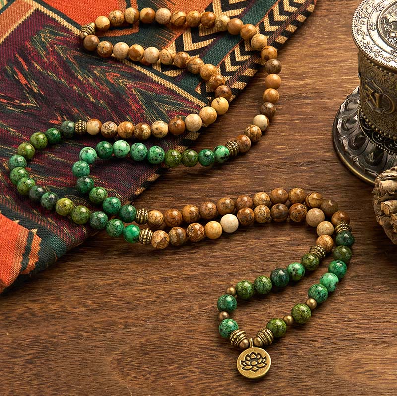 8mm Picture Jasper Turquoise Lotus Bracelet for Positivity & Growth