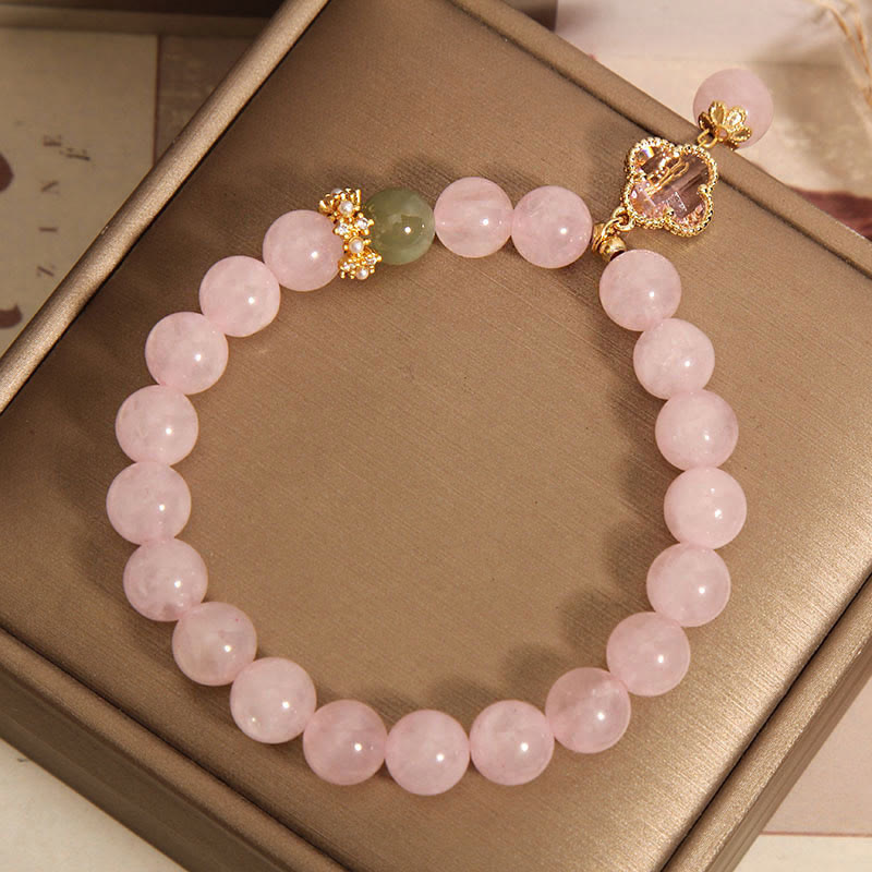 8mm Pink Crystal Soothing Four Leaf Clover Bracelet