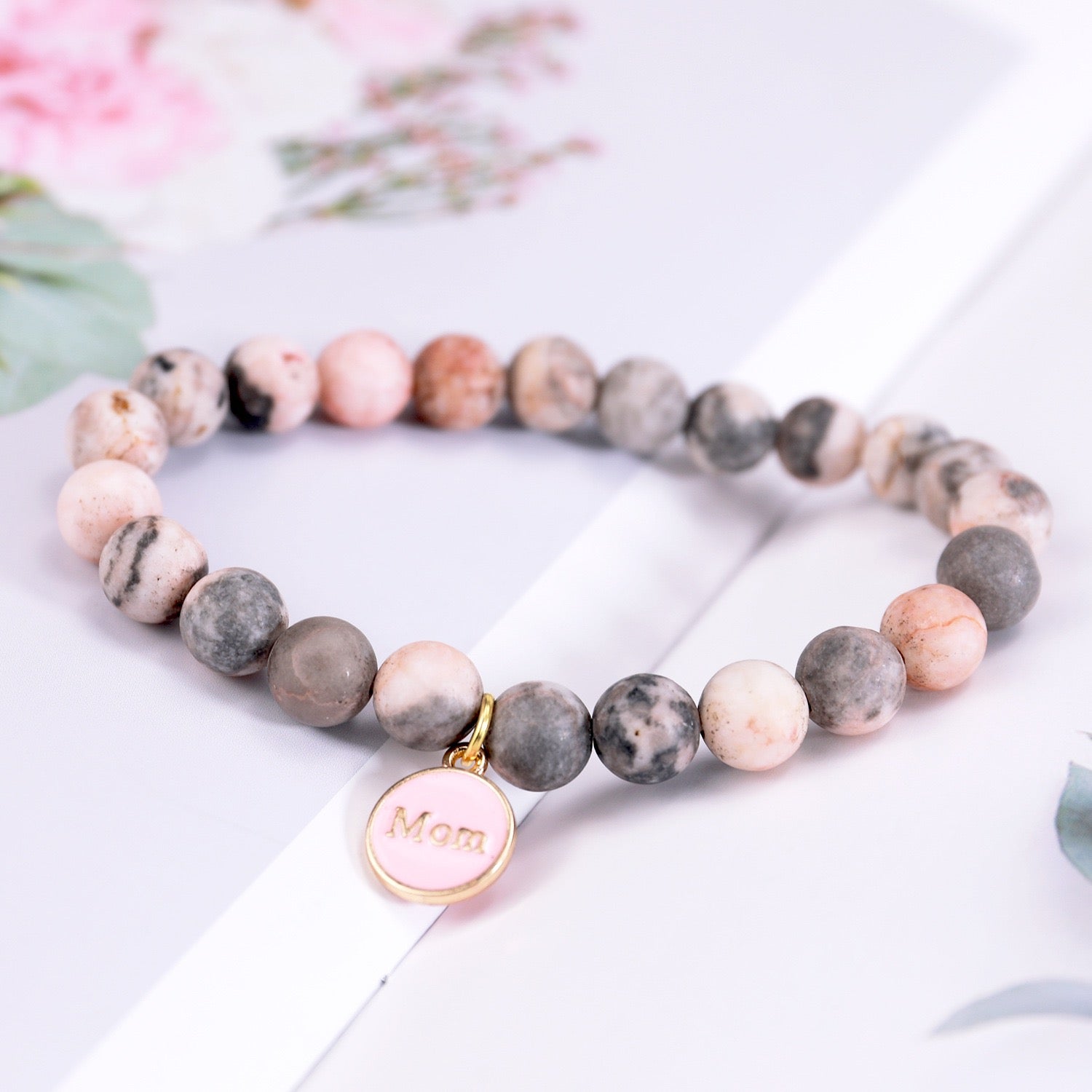 8mm Pink Zebra Jasper Agate Healing Bracelet for Mom