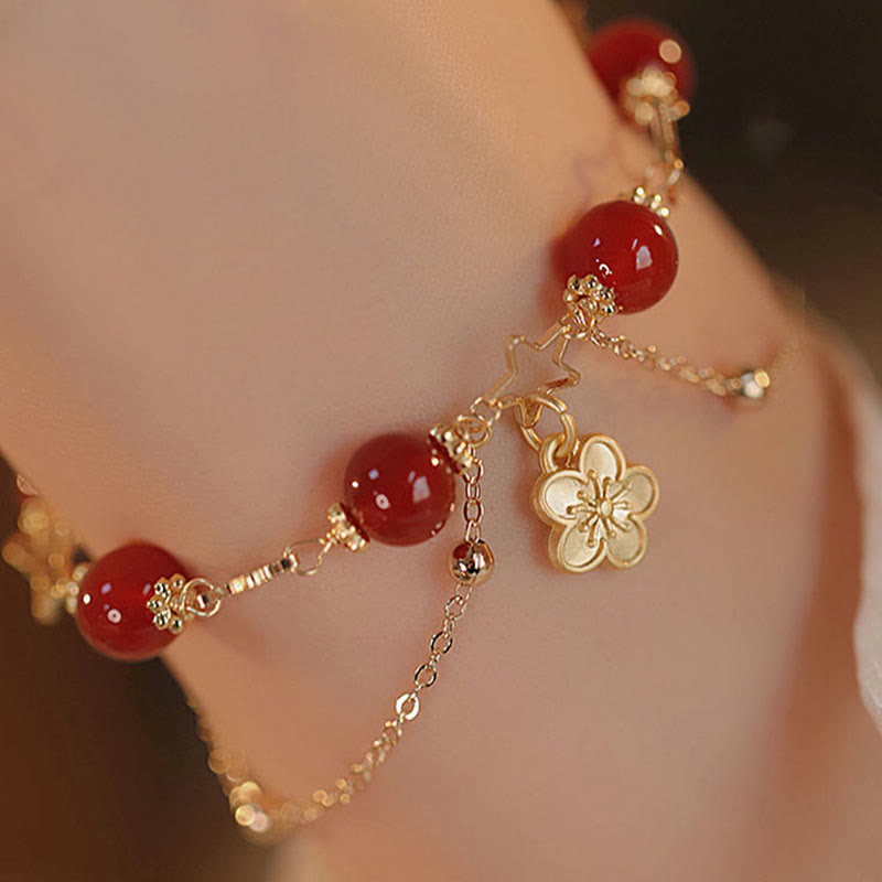 8mm Red Agate Calm Bracelet with Star Flower Charm
