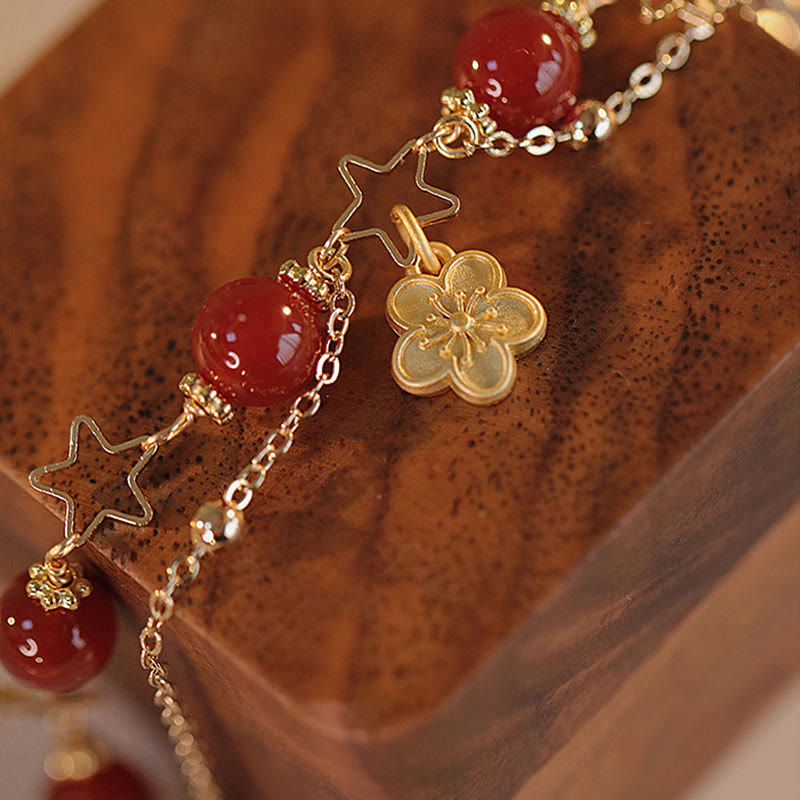 8mm Red Agate Calm Bracelet with Star Flower Charm