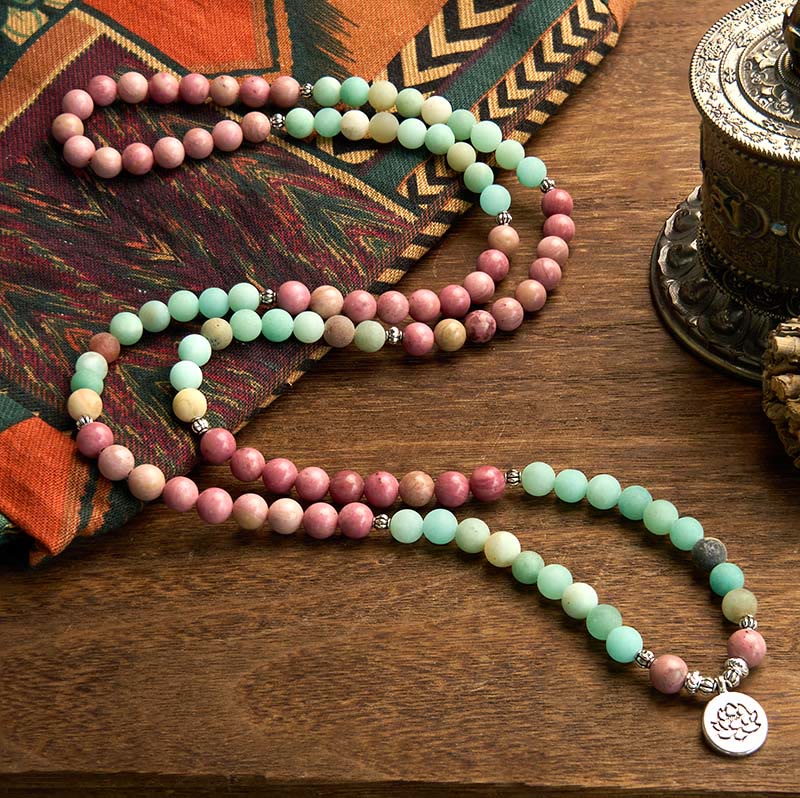 8mm Rhodonite Amazonite Mala Bracelet with Lotus Pendant for Meditation