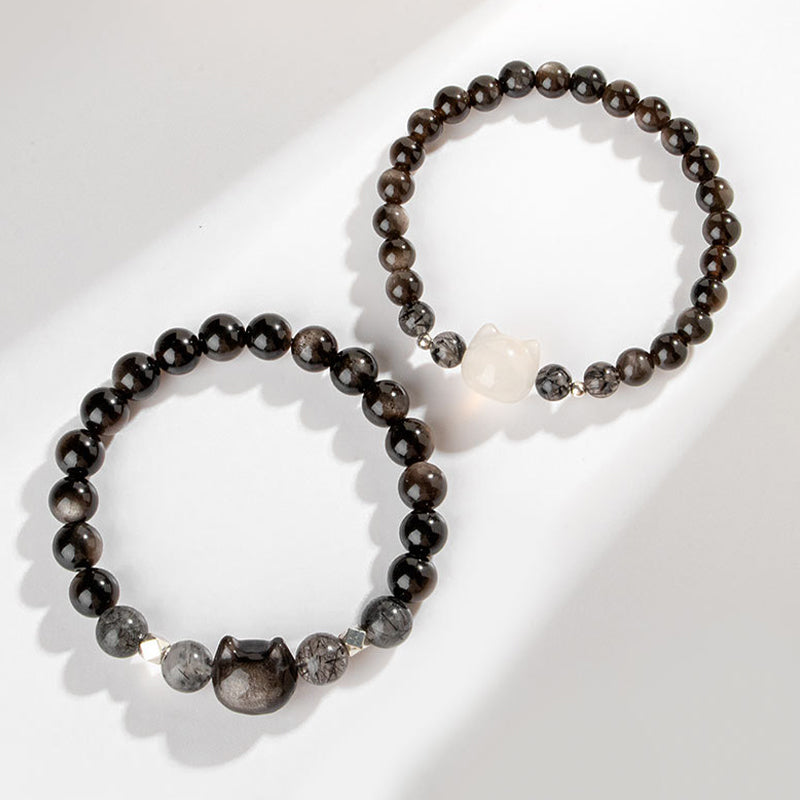 8mm Silver Sheen Obsidian Cat Head Protection Bracelet