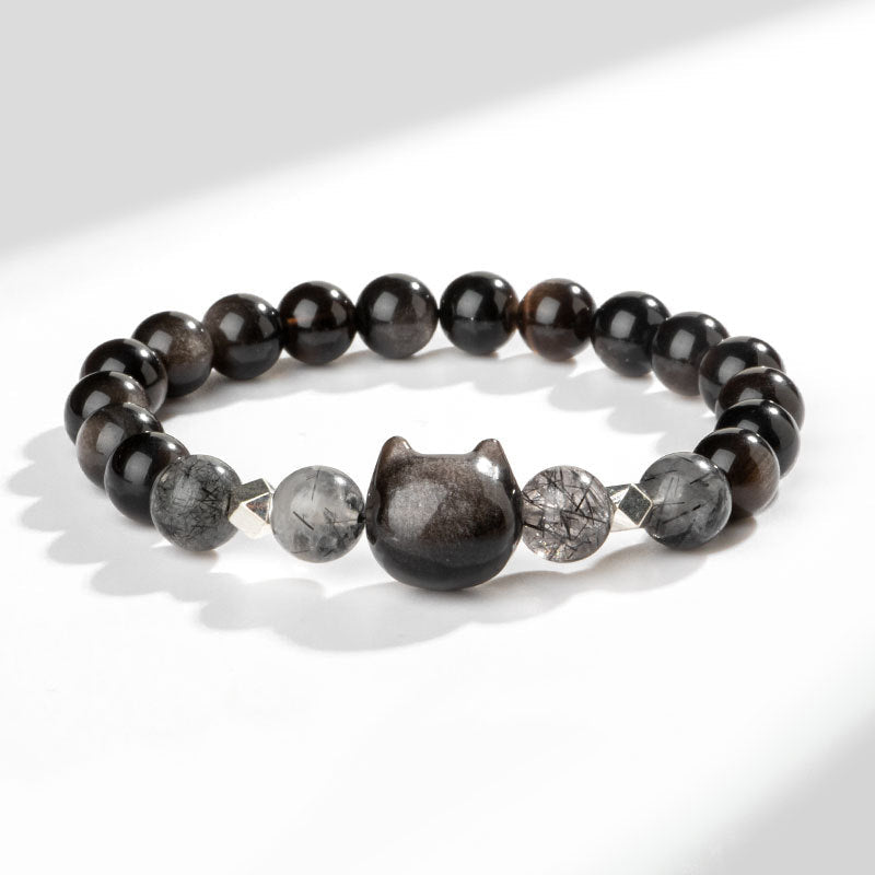 8mm Silver Sheen Obsidian Cat Head Protection Bracelet
