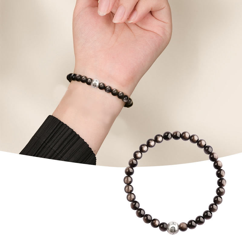 8mm Silver Sheen Obsidian Om Mani Padme Hum Protection Bracelet