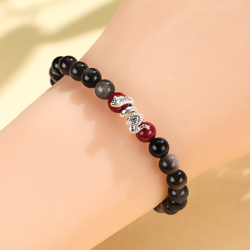 8mm Silver Sheen Obsidian Protection Bracelet with Cinnabar Snake