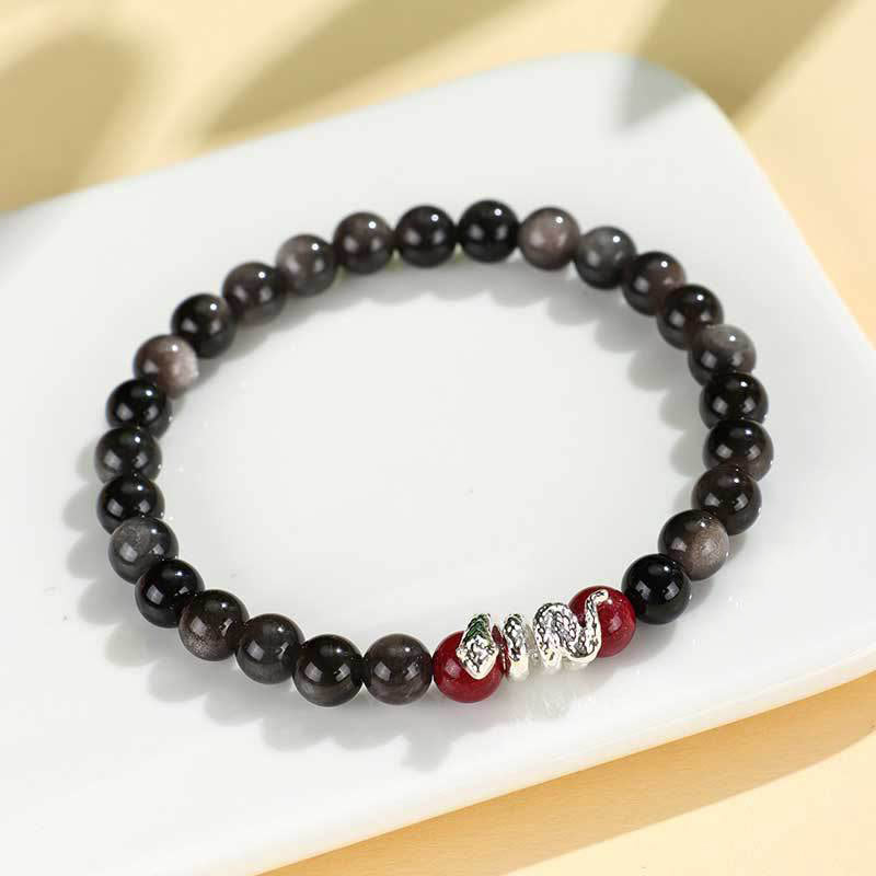 8mm Silver Sheen Obsidian Protection Bracelet with Cinnabar Snake