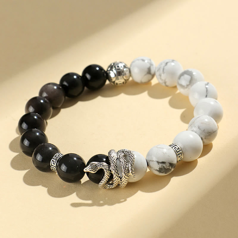 8mm Silver Sheen Obsidian White Turquoise Protection Bracelet for Snake Year 2025