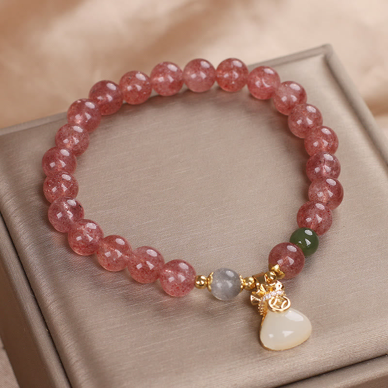 8mm Strawberry Quartz Money Bag Charm Bracelet for Women