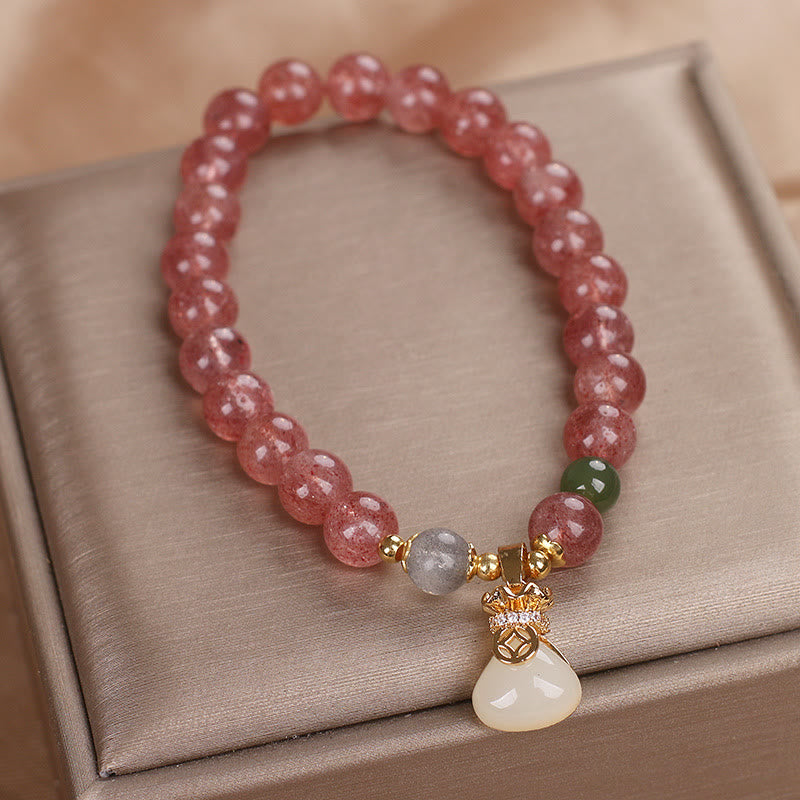 8mm Strawberry Quartz Money Bag Charm Bracelet for Women
