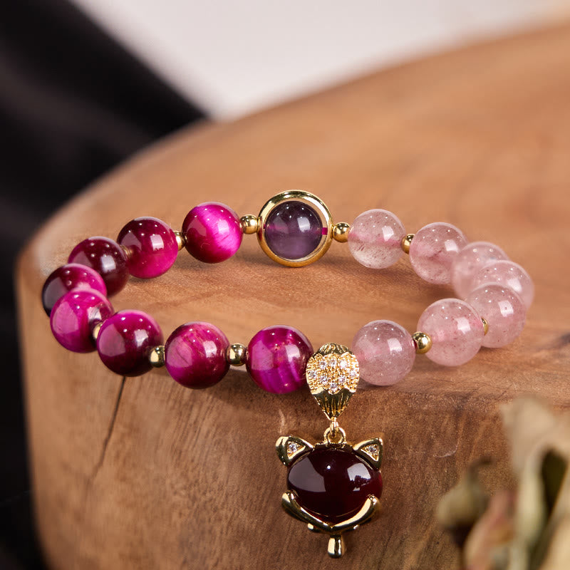 8mm Strawberry Quartz Pixiu Bracelet - Love, Wealth & Protection