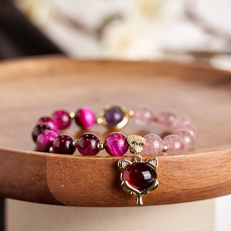 8mm Strawberry Quartz Pixiu Bracelet - Love, Wealth & Protection