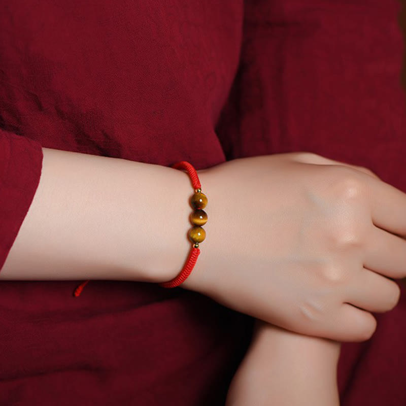 8mm Three Beads Tiger Eye Protection Bracelet with Red or Black Rope