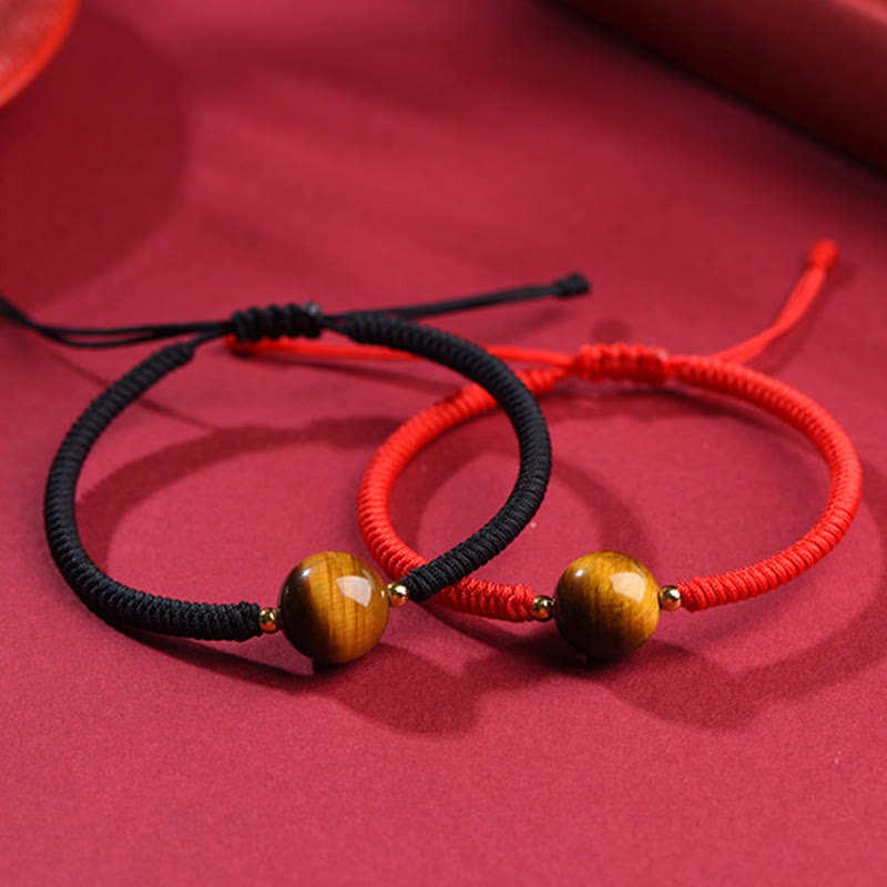 8mm Three Beads Tiger Eye Protection Bracelet with Red or Black Rope