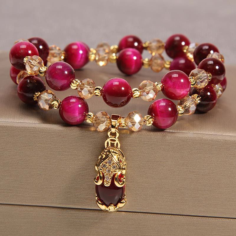 8mm Tiger Eye Pixiu Fox Double Wrap Protection Bracelet