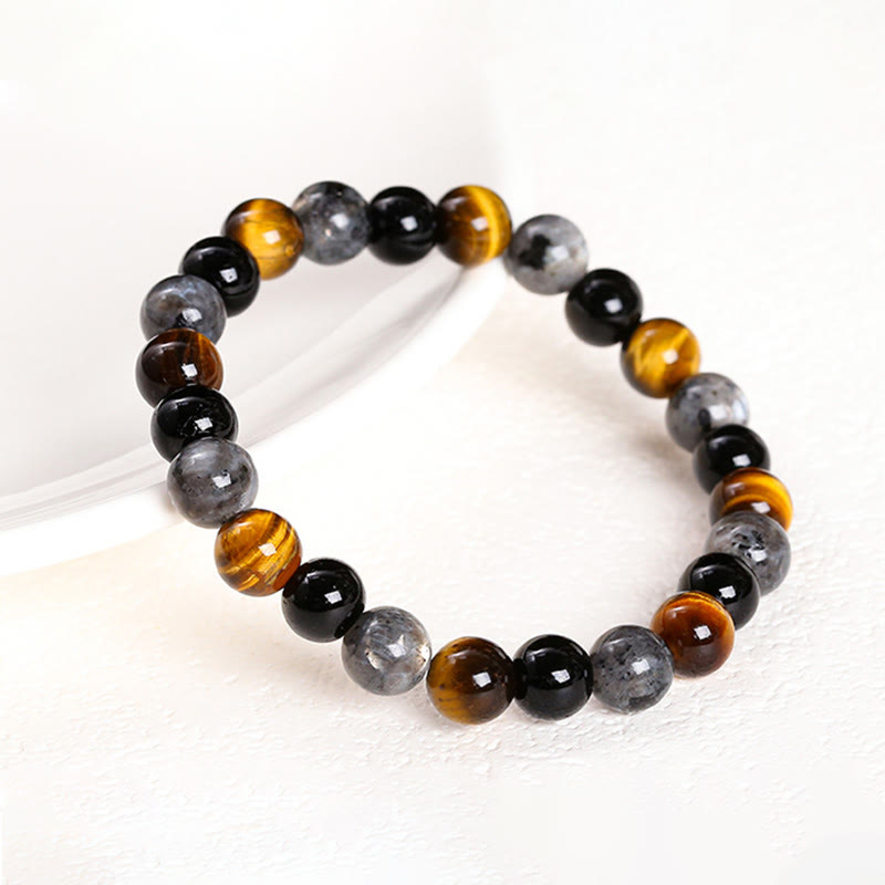 8mm Tiger Eye Protection Bracelet with Black Glitter Stones