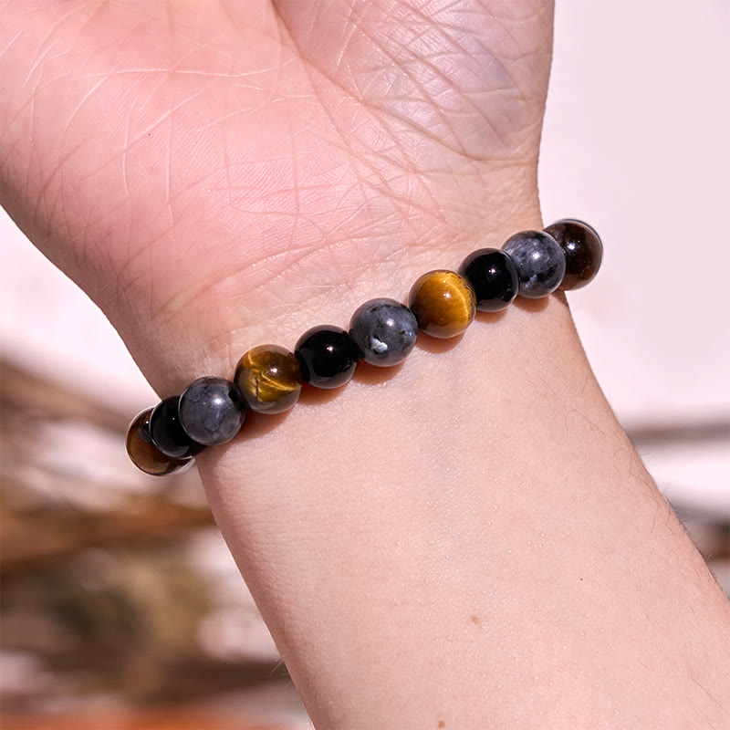 8mm Tiger Eye Protection Bracelet with Black Glitter Stones