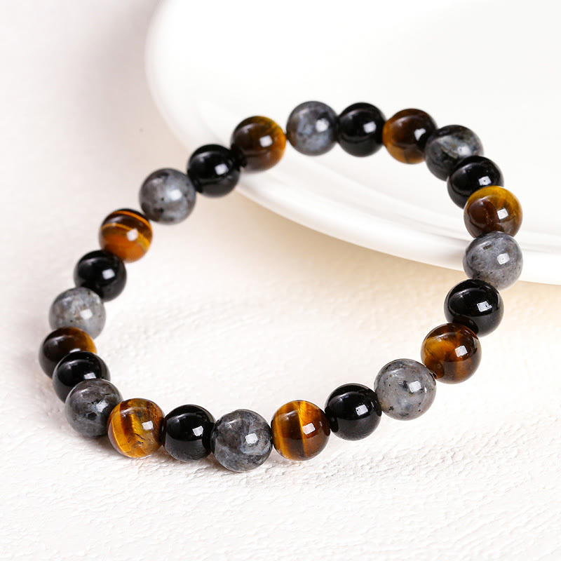 8mm Tiger Eye Protection Bracelet with Black Glitter Stones