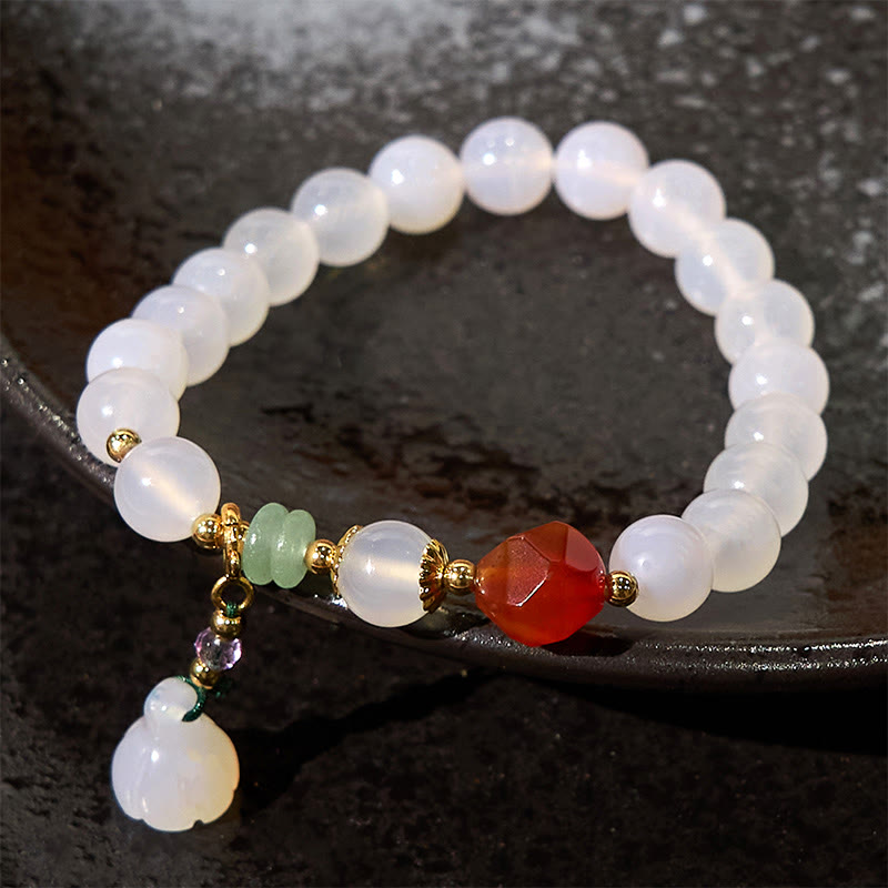 8mm White Agate Red Agate Lotus Pod Charm Luck Bracelet