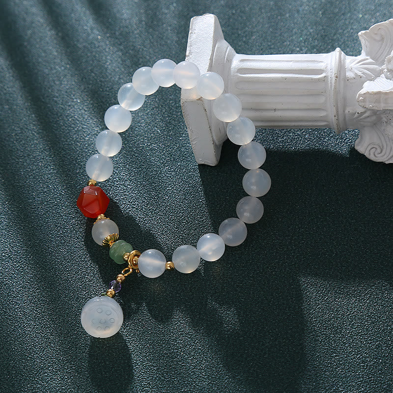 8mm White Agate Red Agate Lotus Pod Charm Luck Bracelet