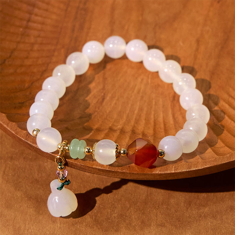 8mm White Agate Red Agate Lotus Pod Charm Luck Bracelet