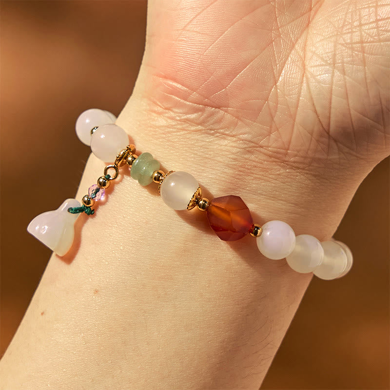 8mm White Agate Red Agate Lotus Pod Charm Luck Bracelet