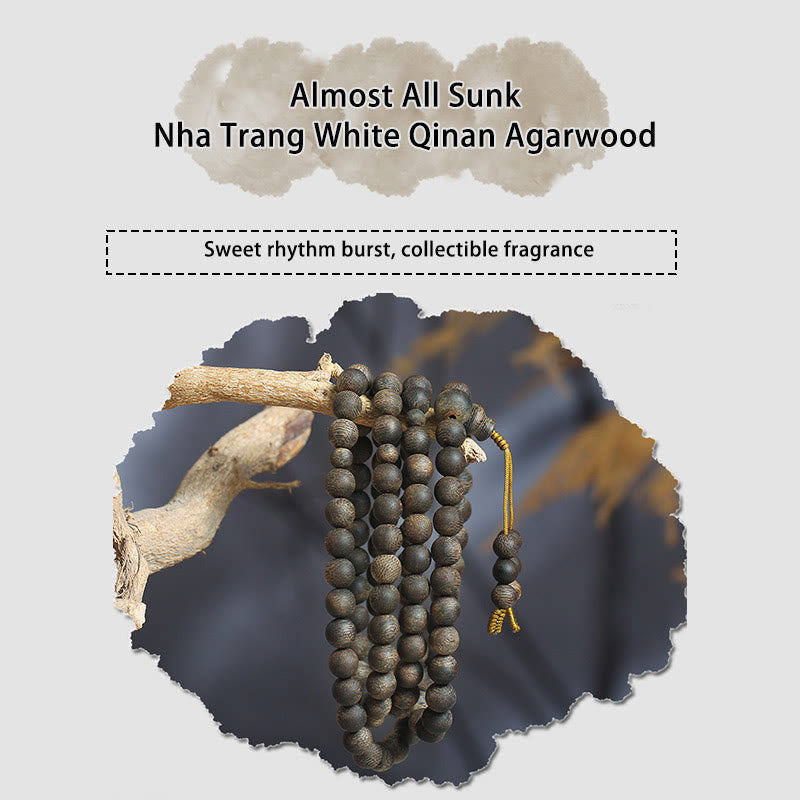 8mm White Qinan Agarwood Wood Mala Bracelet for Peace & Strength