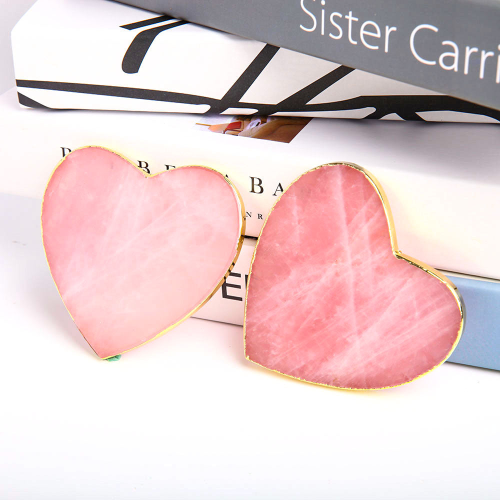 9.5cm Rose Quartz Crystal Coaster with Gold Rim Plate