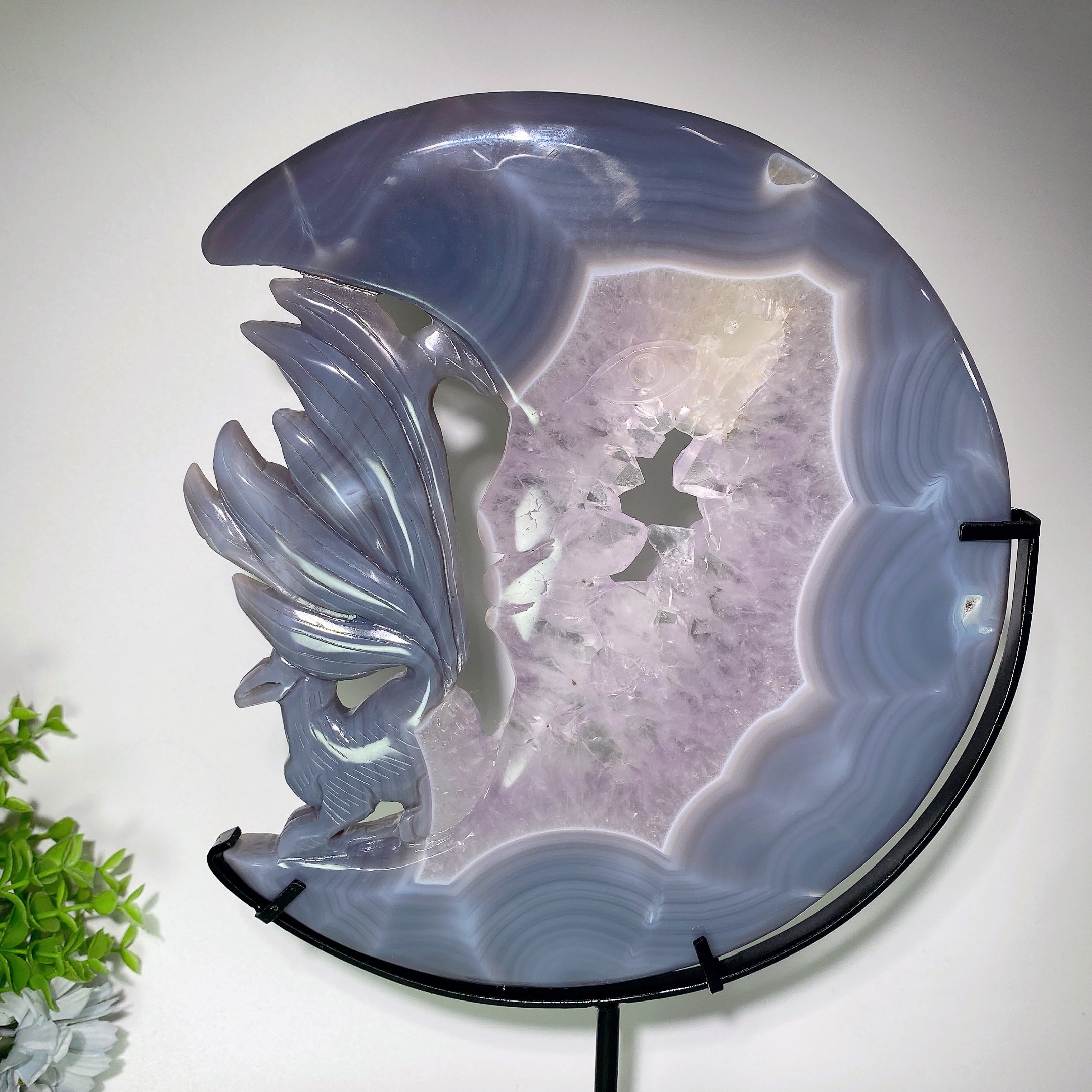 9.8 inch Druzy Amethyst Agate Moon Face Fox Carving