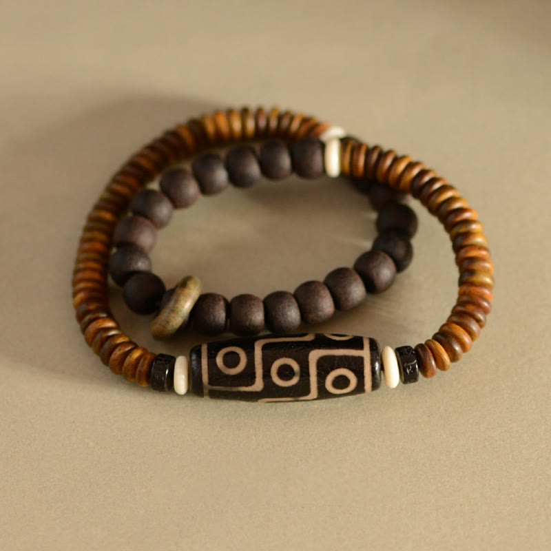 9-Eye Dzi Bead Ebony Wood Spiritual Double Wrap Bracelet