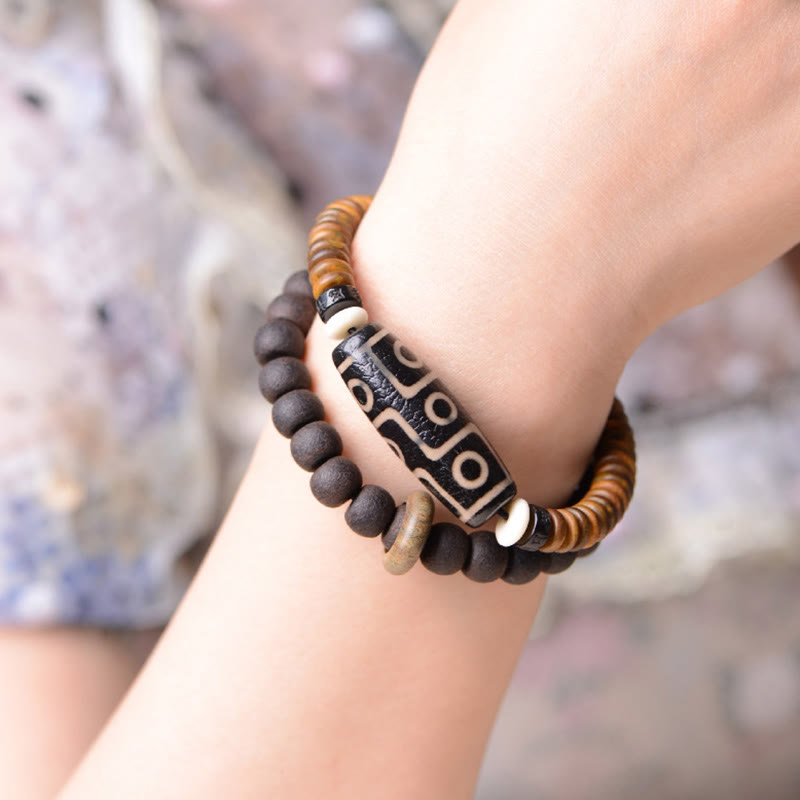 9-Eye Dzi Bead Ebony Wood Spiritual Double Wrap Bracelet