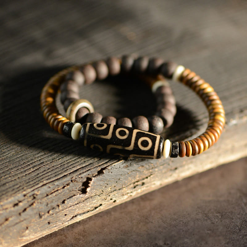 9-Eye Dzi Bead Ebony Wood Spiritual Double Wrap Bracelet