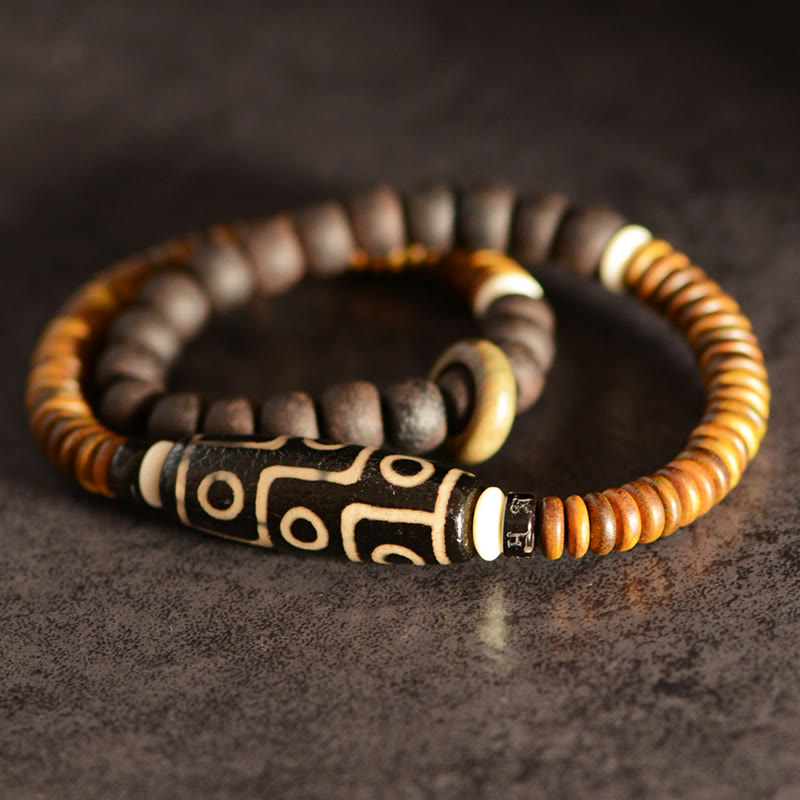 9-Eye Dzi Bead Ebony Wood Spiritual Double Wrap Bracelet
