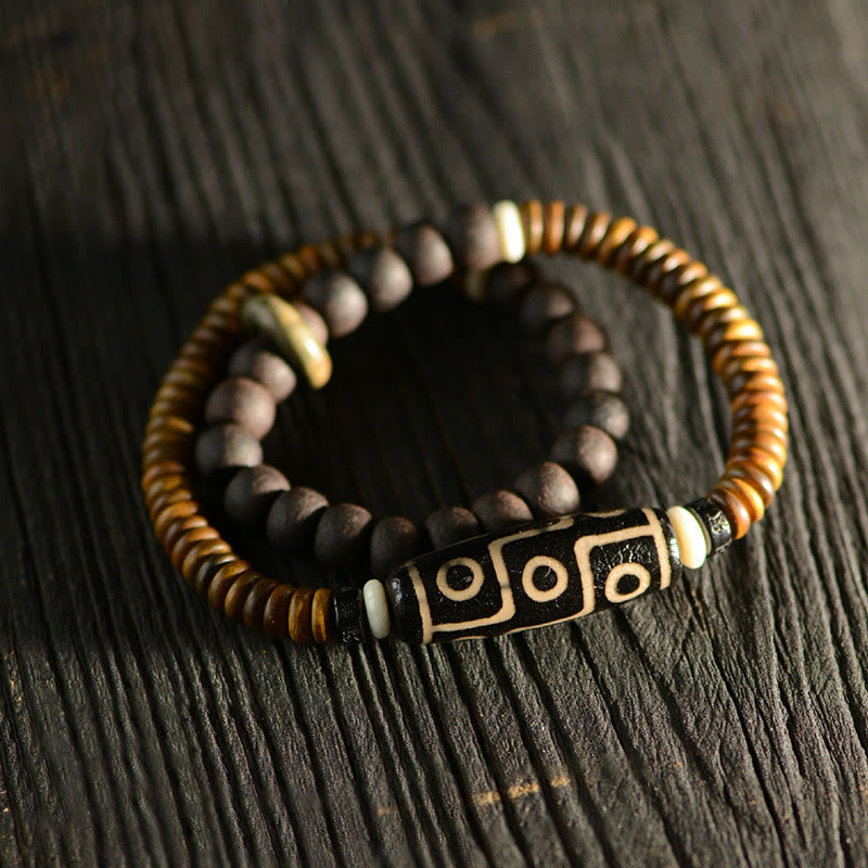 9-Eye Dzi Bead Ebony Wood Spiritual Double Wrap Bracelet