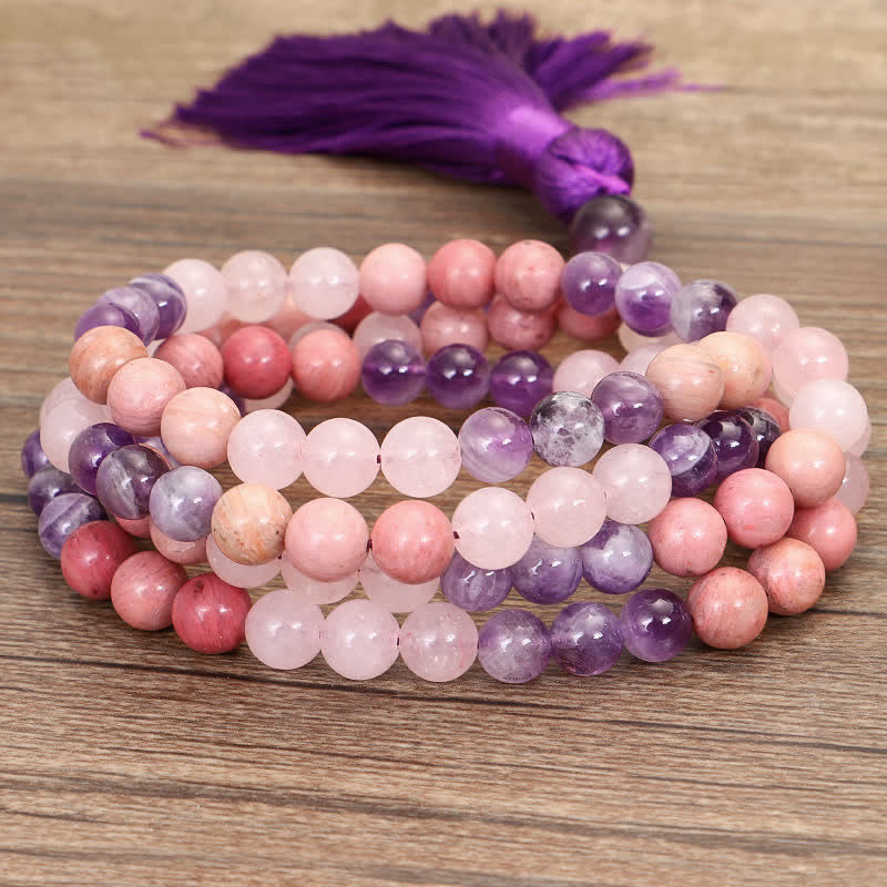 Amethyst Rose Quartz 108 Bead Gemstone Mala Bracelet