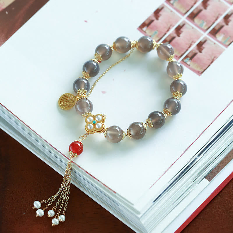 8mm Gray Agate Fu Character Balance Bracelet