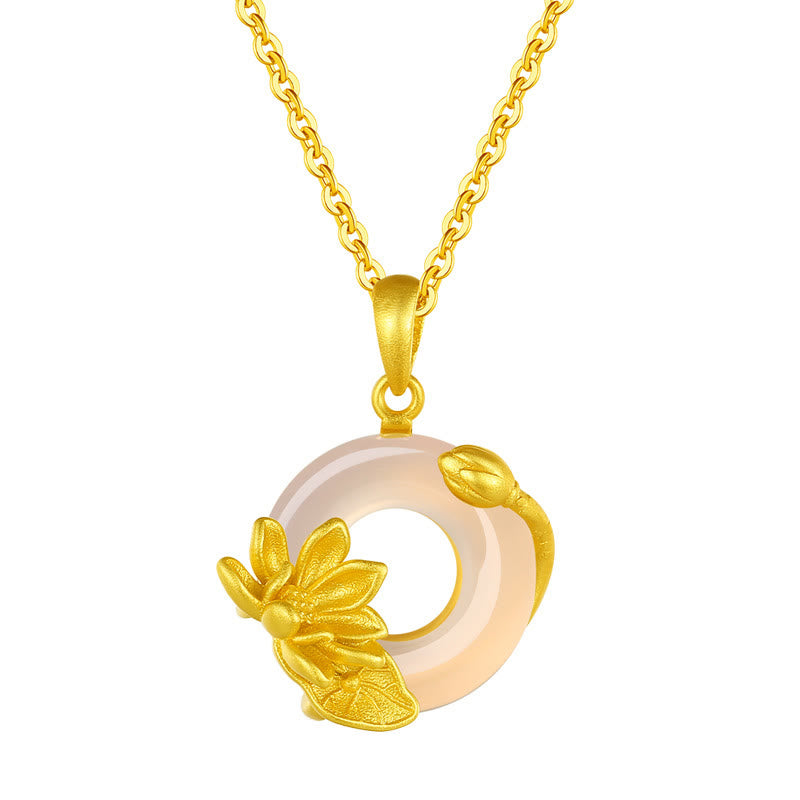 White Chalcedony Peace Buckle Lotus Necklace | Spiritual Harmony