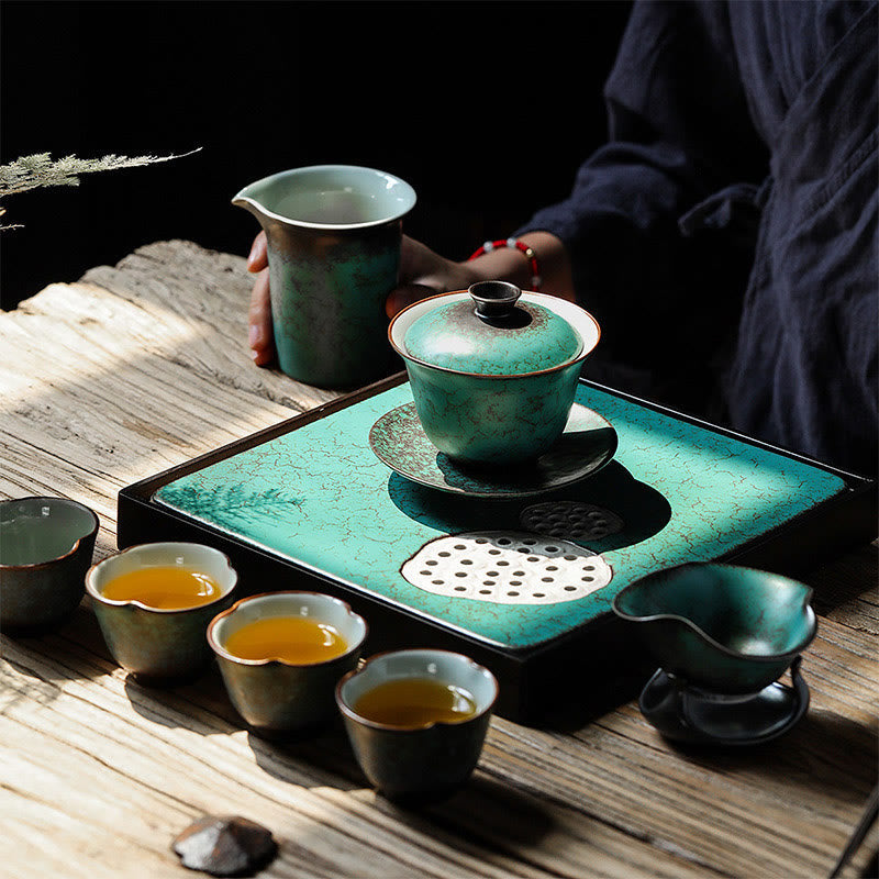 Retro Green Glaze Ceramic Gaiwan Tea Cup 180ml Set