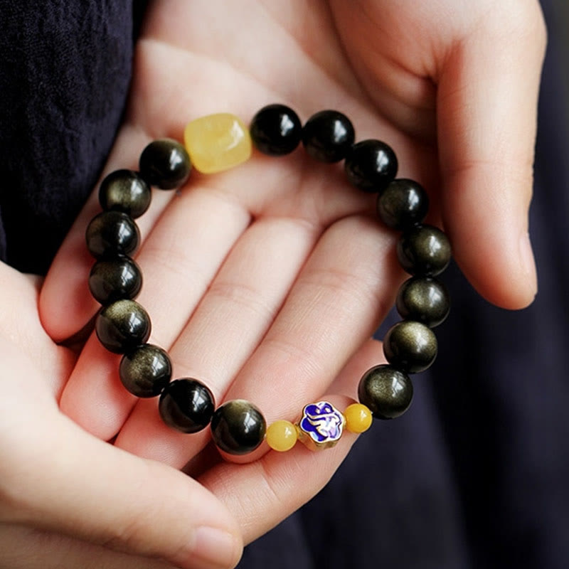10mm Gold Sheen Obsidian Chinese Zodiac Protection Bracelet