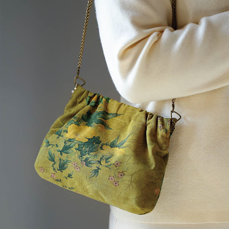 Yellow Green Flower Cotton Crossbody Bag 16x22cm
