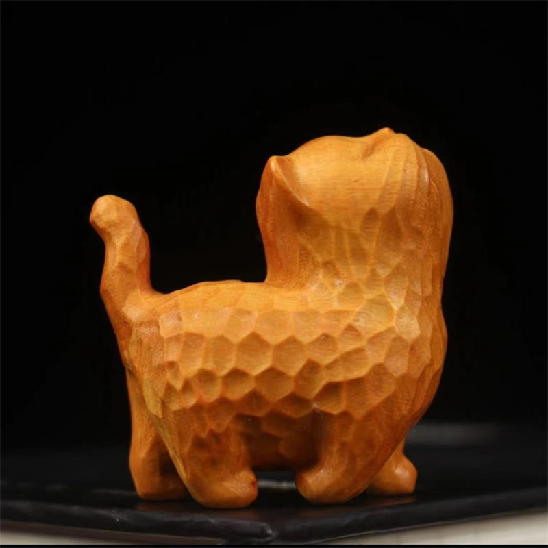 6cm Thuja Sutchuenensis & Boxwood Cat Figurine for Prosperity & Grounding