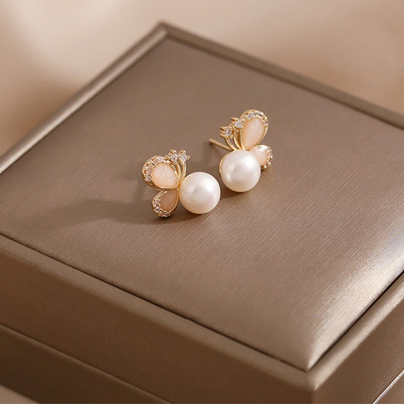 18K Gold Pearl Butterfly Love Freedom Stud Earrings