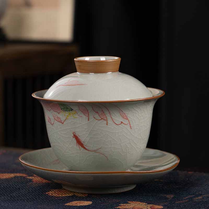 Zen Ceramic Lotus Koi Fish Gaiwan Teacup 140ml
