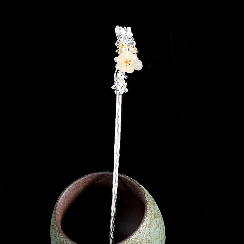 925 Sterling Silver Hetian White Jade Flower Blessing Chinese Hairpin