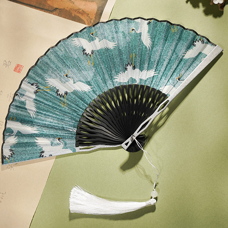 22.5cm Chinese Folding Fan | Blue Crane Silk Bamboo Fan