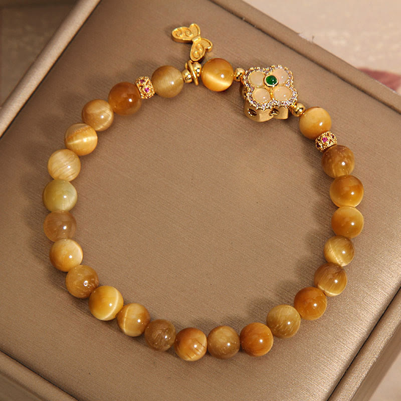 Tiger Eye Protection Bracelet with Four Leaf Clover & Butterfly
